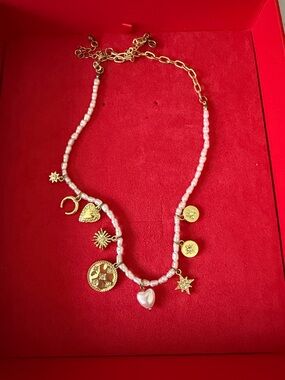 Gold & Pink Beaded Charm Necklace - Women Jewelry